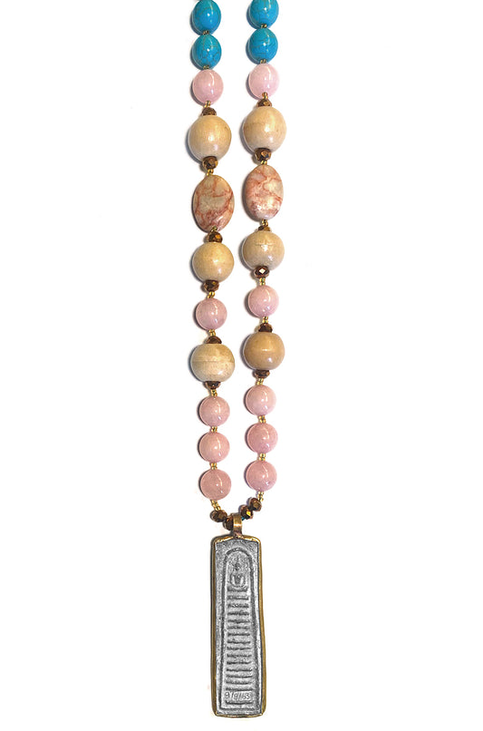 ICON Design Living Buddhakette Enya Holzperlen Rosenquarz Türkis 100 cm Lang
