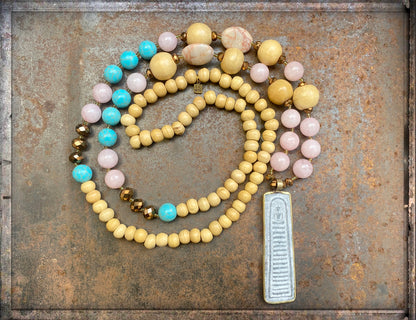 ICON Design Living Buddhakette Enya Holzperlen Rosenquarz Türkis Hämatit 100 cm Lang