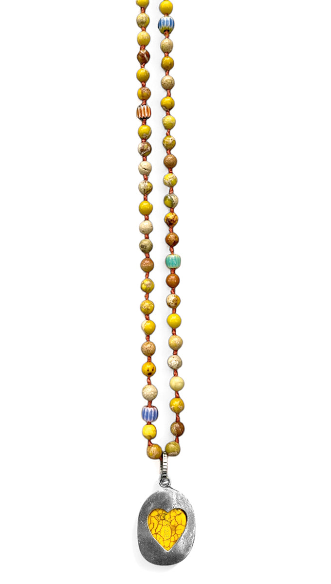 ICON Design Living Kette Buddha-Herz-Amulett Goa Jaspis Gelb 6 mm 90 cm Lang Geknotet