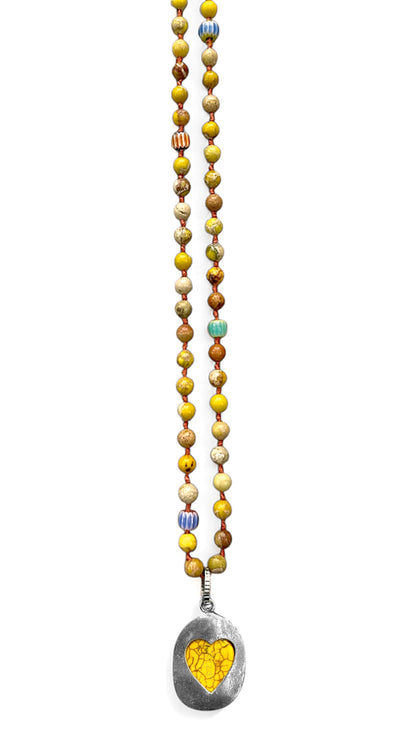 ICON Design Living Kette Buddha-Herz-Amulett Goa Jaspis Gelb 6 mm 90 cm Lang Geknotet