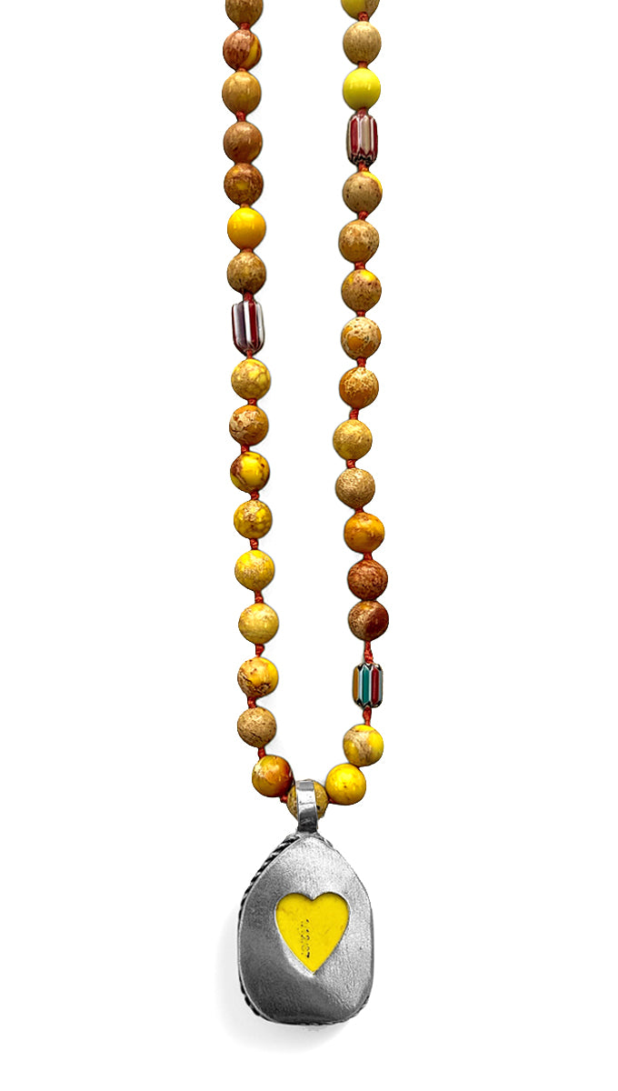 ICON Design Living Kette Buddha-Herz-Amulett Goa Jaspis Gelb 8 mm 90 cm Lang Geknotet