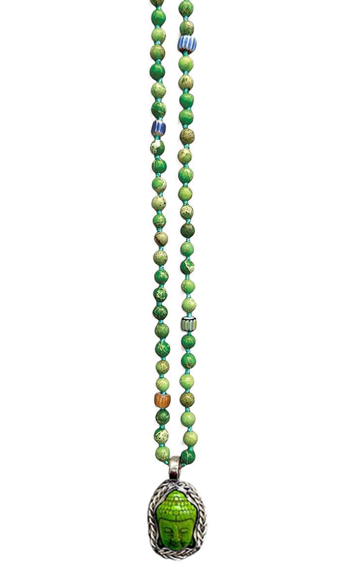 ICON Design Living Buddhakette Goa Jaspis Grün 6 mm 90 cm Lang Geknotet