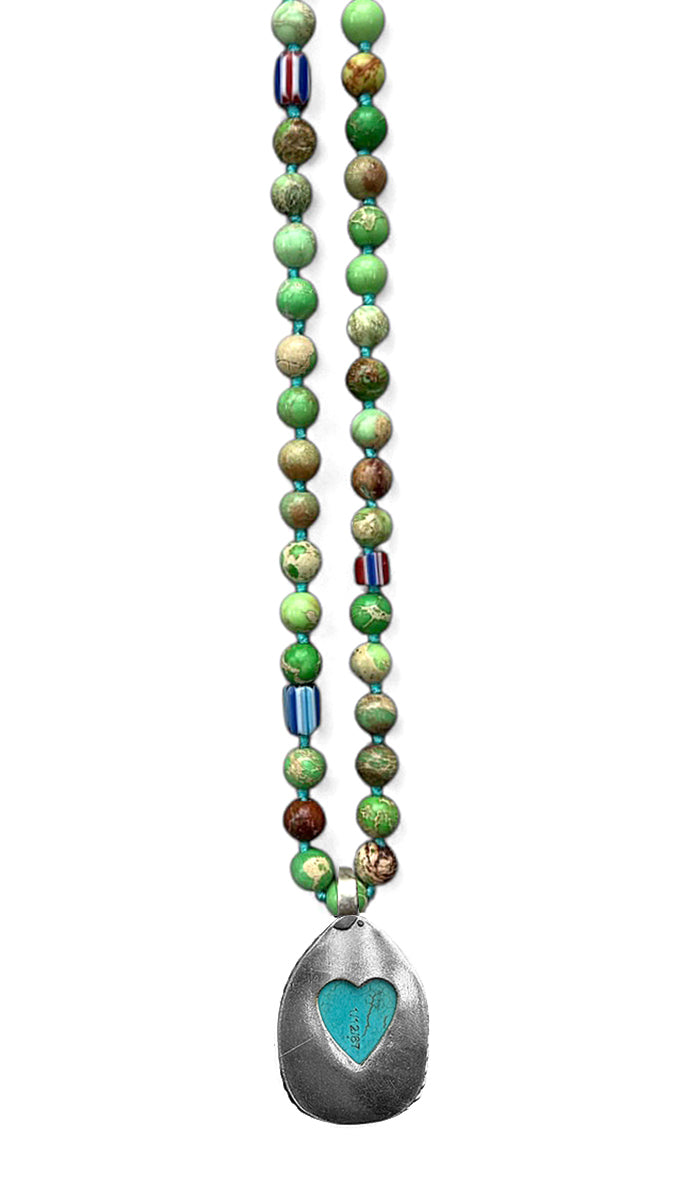 ICON Design Living Buddhakette Jaspis Grün 8 mm 90 cm lang Buddha-Herz-Amulett Türkis Rückseite