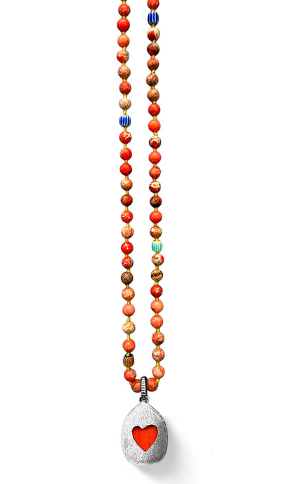 ICON Design Living Kette Buddha-Herz-Amulett Goa Jaspis Orange 6 mm 90 cm Lang Geknotet