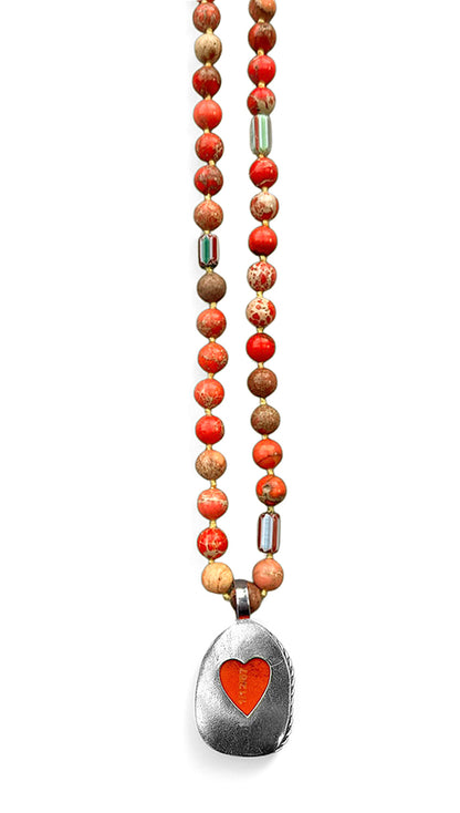 ICON Design Living Kette Buddha-Herz-Amulett Goa Jaspis Orange 8 mm 90 cm Lang Geknotet