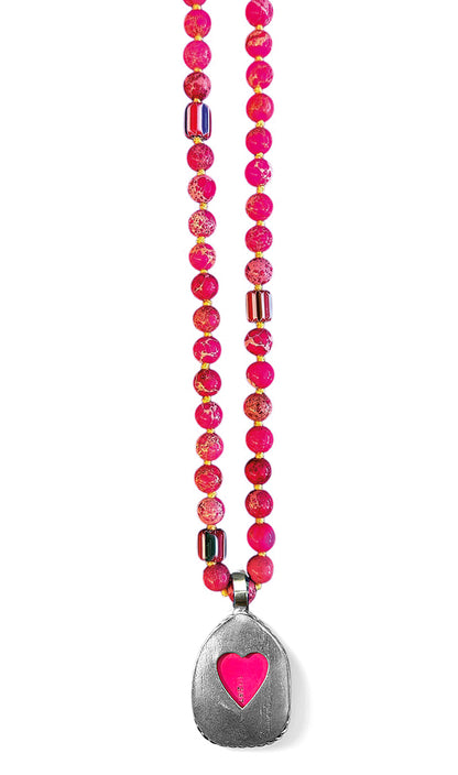 ICON Design Living Buddhakette 8 mm Jaspis-Steine Pink Geknotet 90 cm Lang Buddha-Herz-Amulett Rückseite