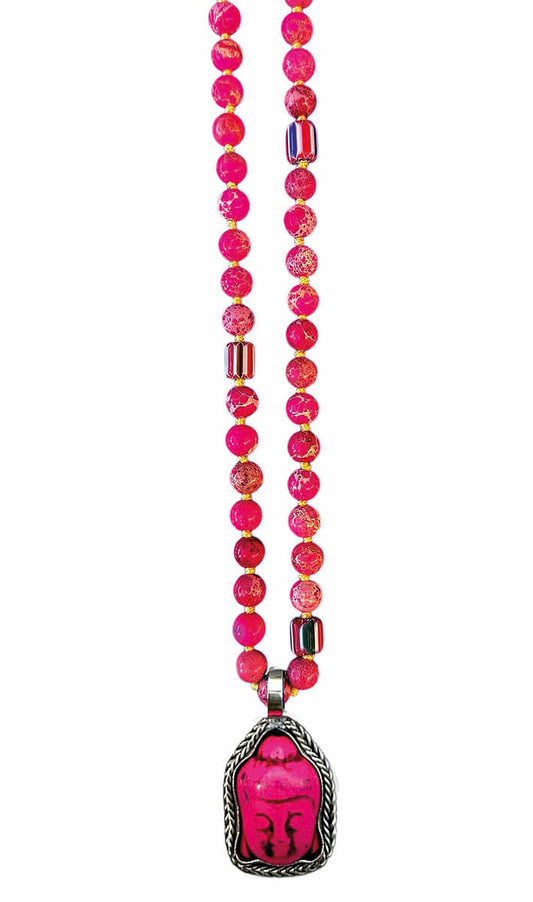 ICON Design Living Buddhakette 8 mm Jaspis-Steine Pink Geknotet 90 cm Lang Buddha-Herz-Amulett