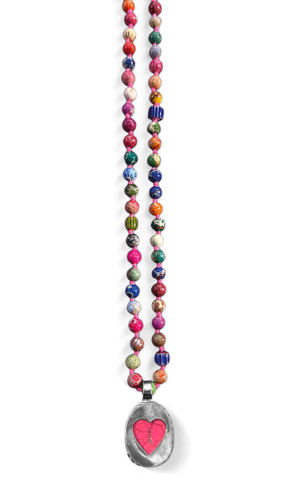 ICON Design Living Kette Buddha-Herz-Amulett Goa Jaspis Pink Mix 6 mm 90 cm Lang Geknotet