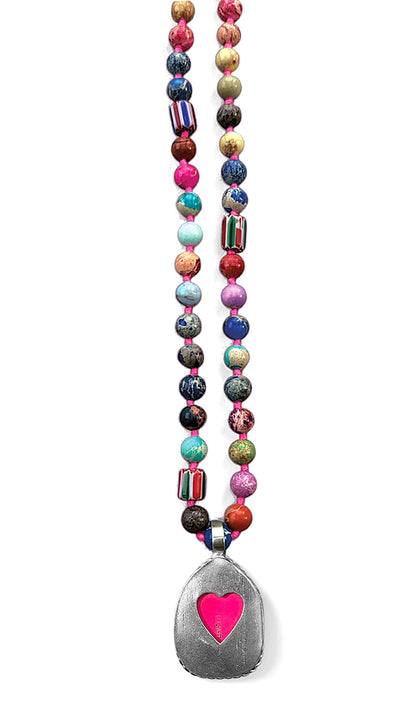 ICON Design Living Buddhakette 8 mm Jaspis Pink-Mix Geknotet 90 cm Lang Buddha-Herz-Amulett