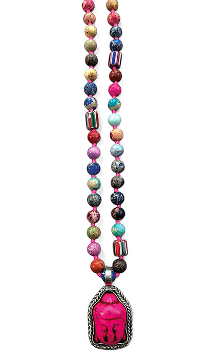 ICON Design Living Buddhakette 8 mm Jaspis-Steine Pink-Mix Geknotet 90 cm Lang Buddha-Herz-Amulett