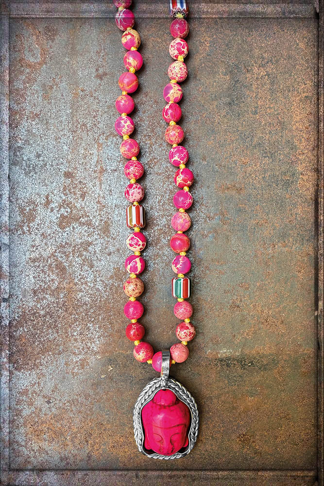 ICON Design Living Buddhakette 8 mm Jaspis-Steine Pink Steinkette Geknotet 90 cm Lang Buddha-Herz-Amulett