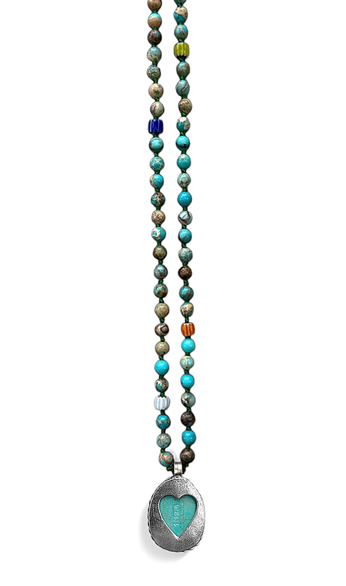 ICON Design Living Kette Buddha-Herz-Amulett Goa Jaspis Türkis 6 mm 90 cm Lang Geknotet
