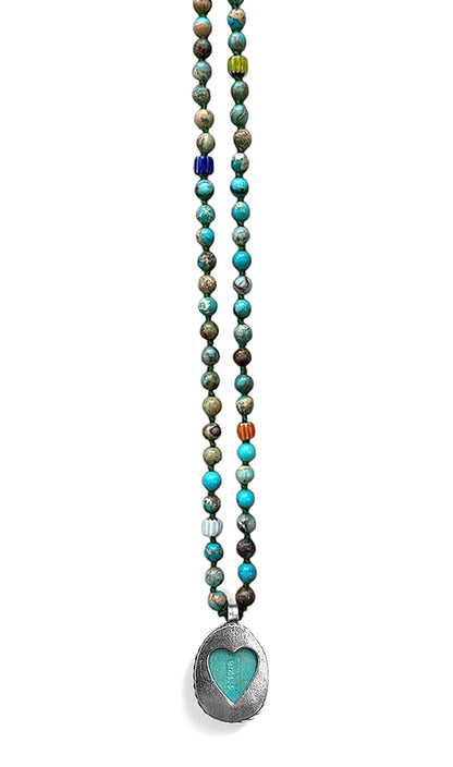 ICON Design Living Kette Buddha-Herz-Amulett Goa Jaspis Türkis 6 mm 90 cm Lang Geknotet