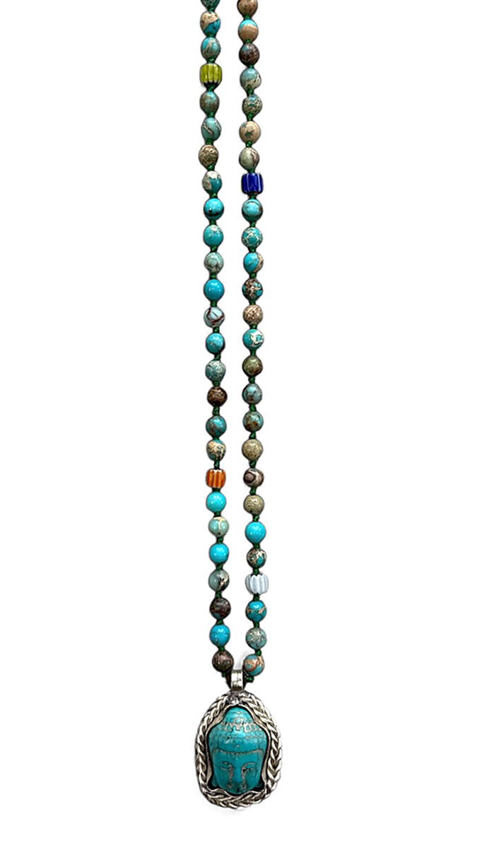 ICON Design Living Buddhakette Goa Jaspis Türkis 6 mm 90 cm Lang Geknotet