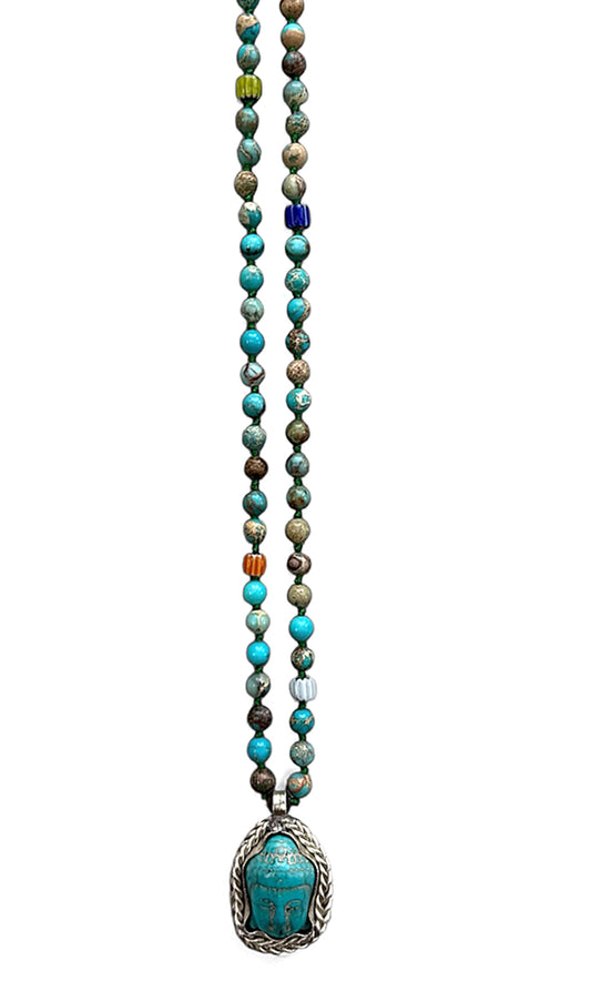 ICON Design Living Buddhakette Goa Jaspis Türkis 6 mm 90 cm Lang Geknotet