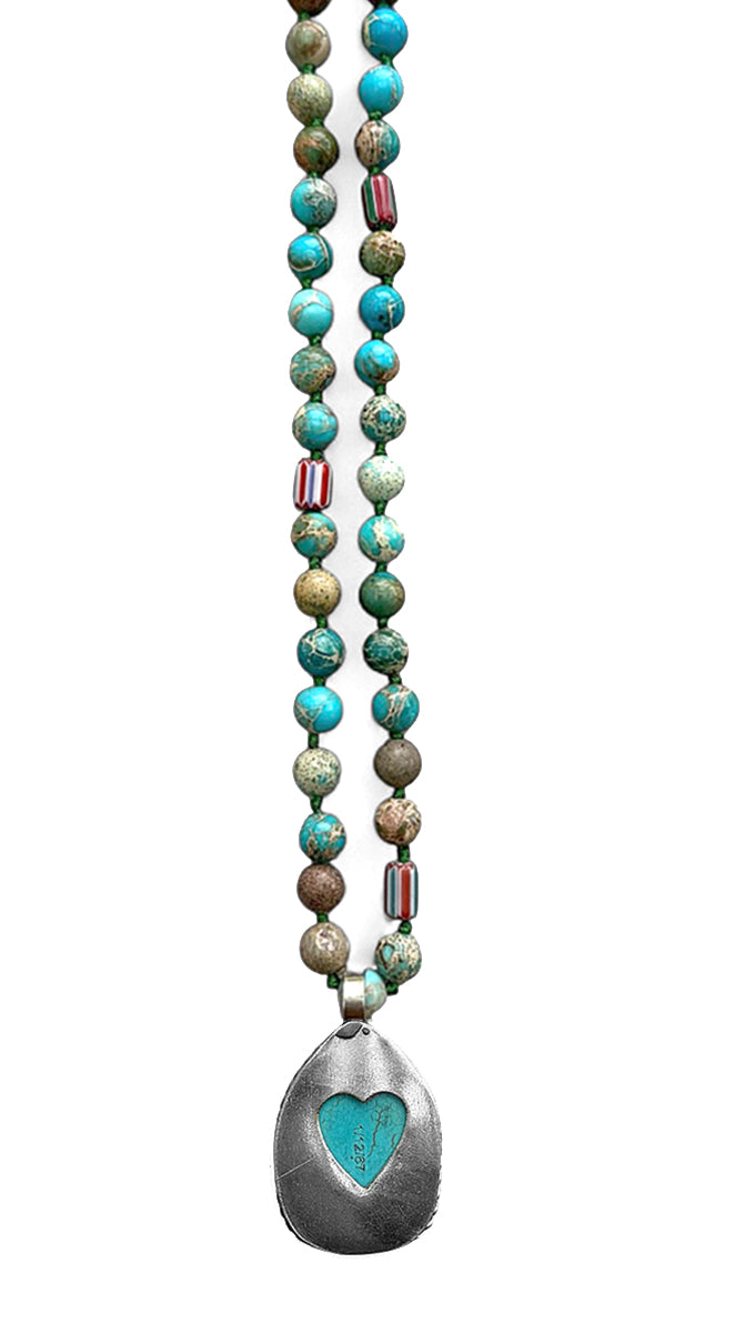 ICON Design Living Kette Buddha-Herz-Amulett Goa Jaspis Türkis 8 mm 90 cm Lang Geknotet