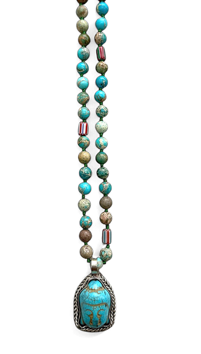 ICON Design Living Buddhakette Goa Jaspis Türkis 8 mm 90 cm Lang Geknotet