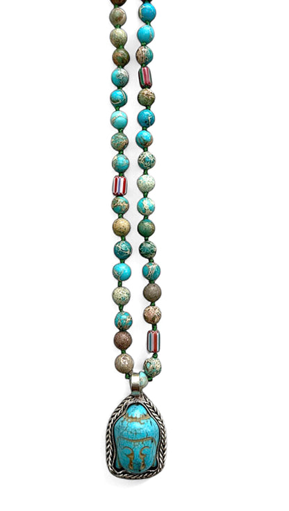 ICON Design Living Buddhakette Goa Jaspis Türkis 8 mm 90 cm Lang Geknotet