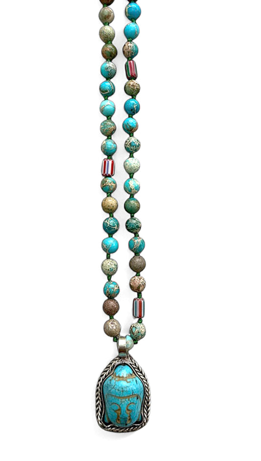 ICON Design Living Buddhakette Goa Jaspis Türkis 8 mm 90 cm Lang Geknotet