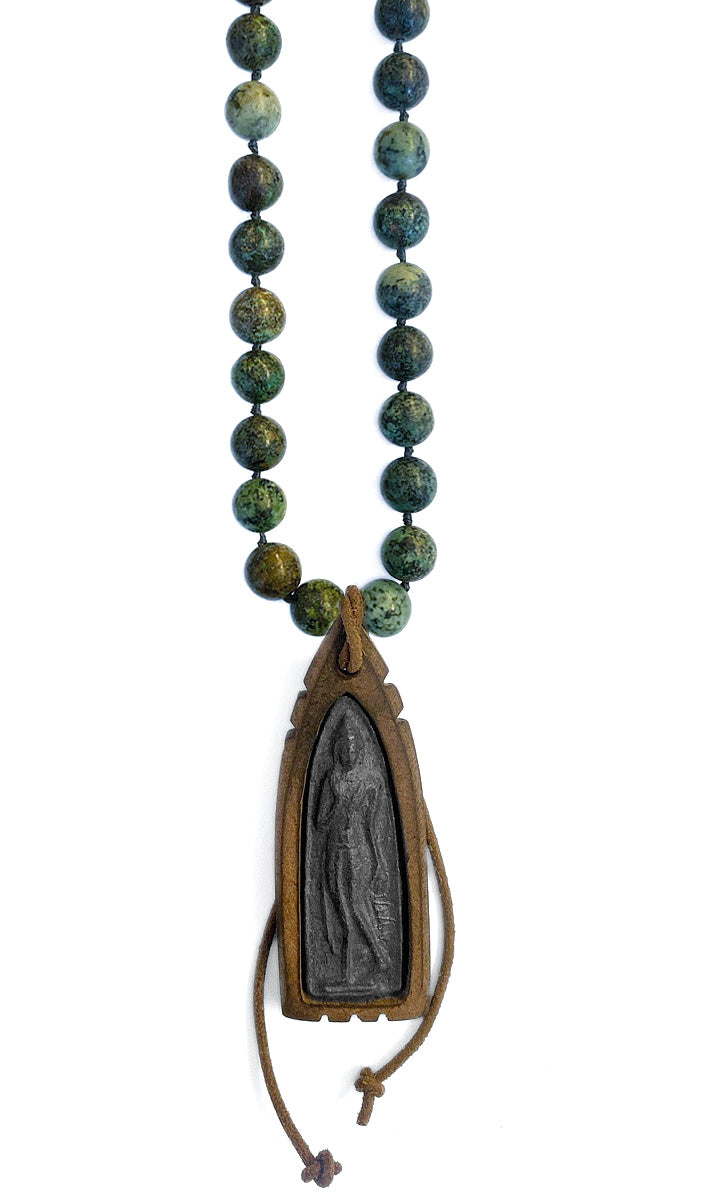 ICON Design Living Buddhakette Holzfassung Afrikanischer Türkis 10 mm Geknotet 100 cm Lang