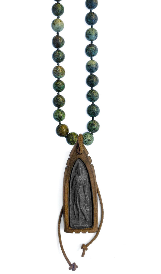 ICON Design Living Buddhakette Holzfassung Afrikanischer Türkis 10 mm Geknotet 100 cm Lang