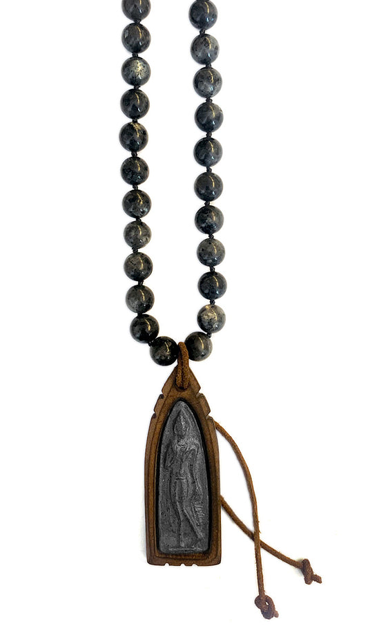 ICON Design Living Buddhakette Holzfassung Labradorit Grau 10 mm Geknotet 100 cm Lang