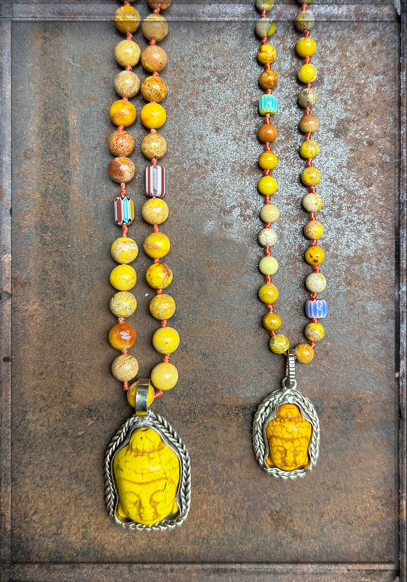 ICON Design Living Kette Buddha-Herz-Amulett Goa Jaspis Gelb 90 cm Lang Geknotet