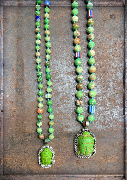 ICON Design Living Buddhaketten Jaspis Grün Geknotet 6 mm 8 mm 90 cm lang Buddha-Herz-Amulett