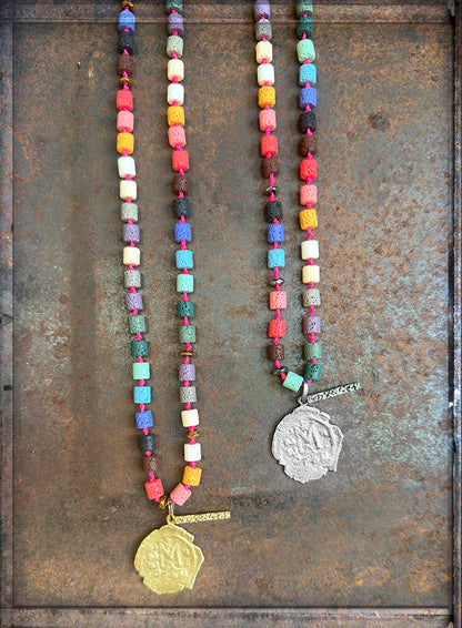 ICON Design Living Kette Kharma Lava Multicolor Coin Münz-Anhänger Vergoldet Versilbert 90 cm