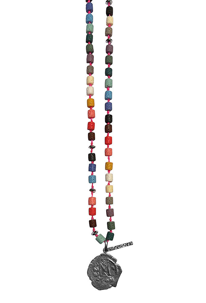 ICON Design Living Kette Kharma Lava Multicolor Coin Münz-Anhänger Versilbert 90 cm