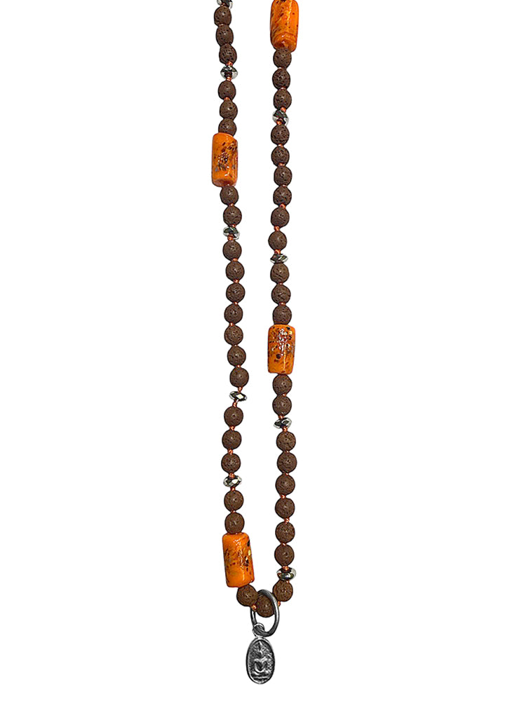 ICON Design Living Kette Lavastein Braun 6 mm Buddha-Anhänger Versilbert Tibet Glassperlen 90 cm