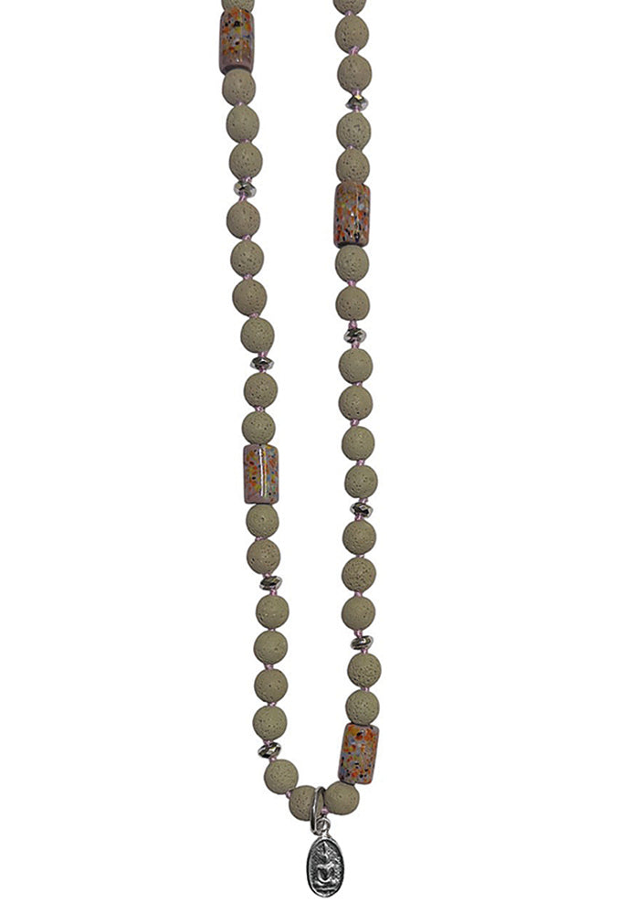 ICON Design Living Kette Lavastein Grau 8 mm Buddha-Anhänger Versilbert Tibet Glasperlen 90 cm