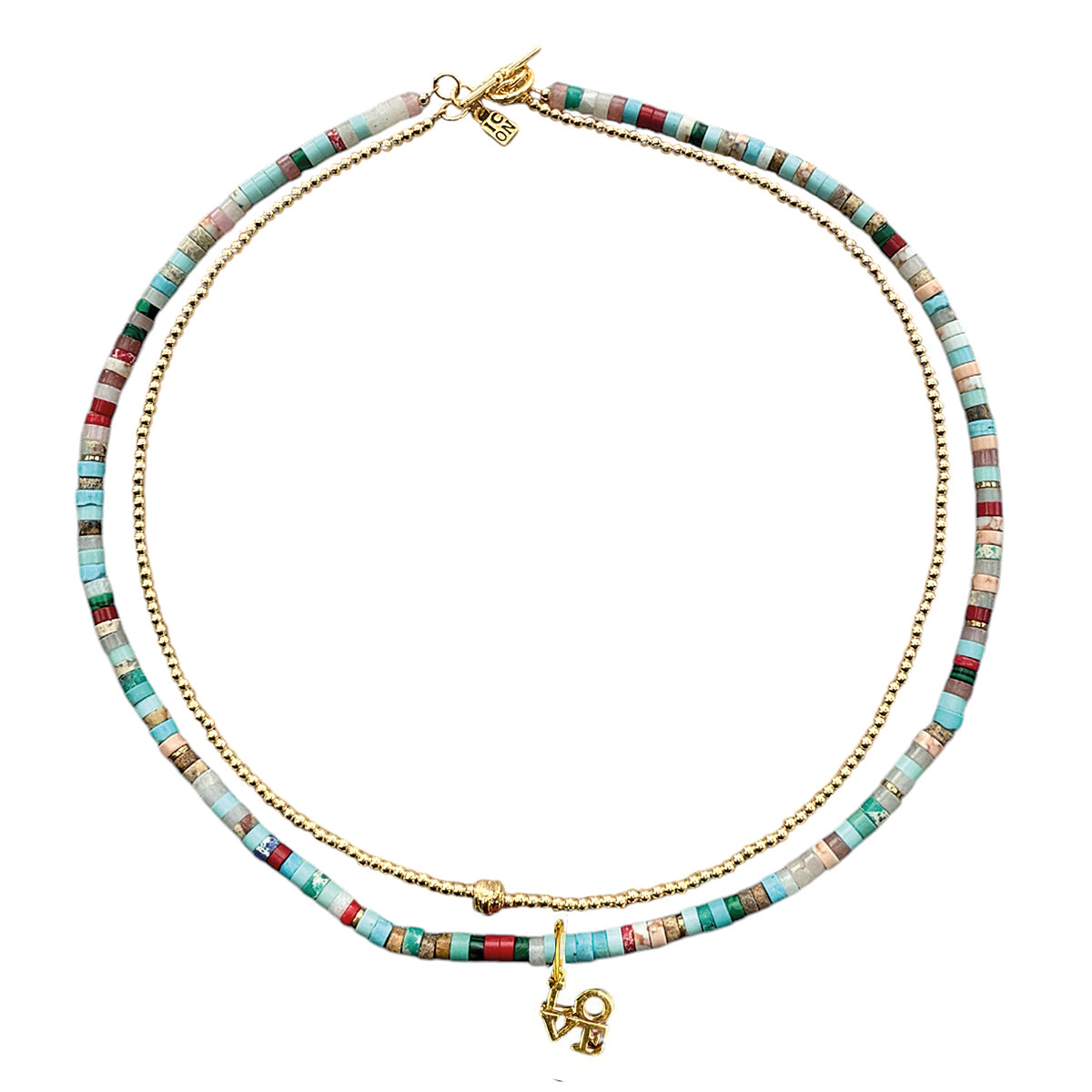 ICON Design Living Doppelkette Jaspis Multicolor Erbskette Love-Anhänger Gold Plattiert