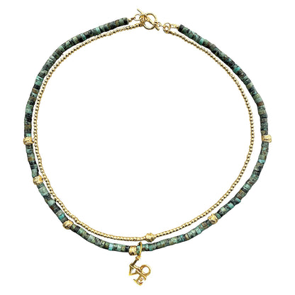 ICON Design Living Doppelkette Afrikanischer Türkis Erbskette Love-Anhänger Gold Plattiert