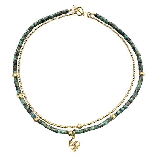 ICON Design Living Doppelkette Afrikanischer Türkis Erbskette Love-Anhänger Gold Plattiert