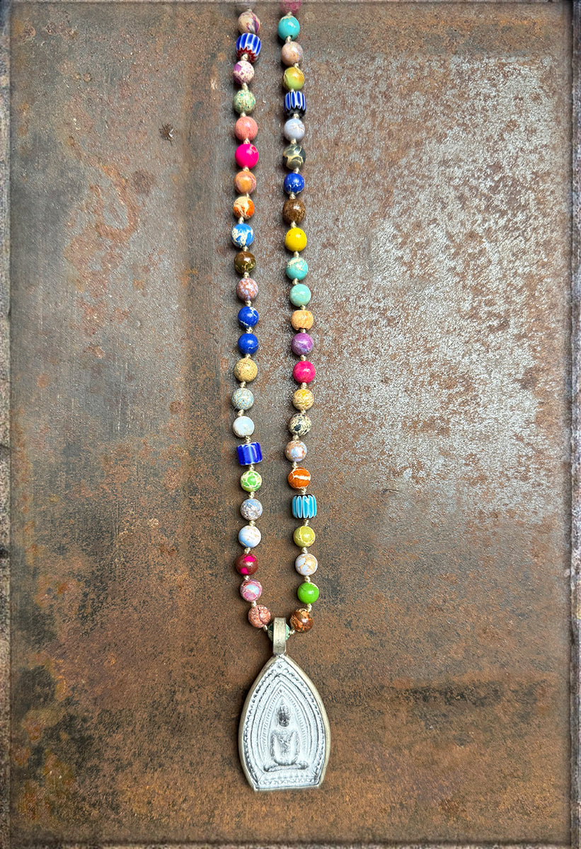ICON Design Living Kette Buddha-Amulett Jaspis Multicolor 6 mm 90 cm Lang Geknotet