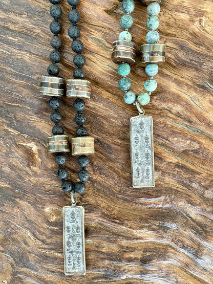 ICON Design Living Ketten Tibet Buddha-Amulett 70 cm Lang Lavastein Afrikanischer Türkis 8 mm Perlen Unisex
