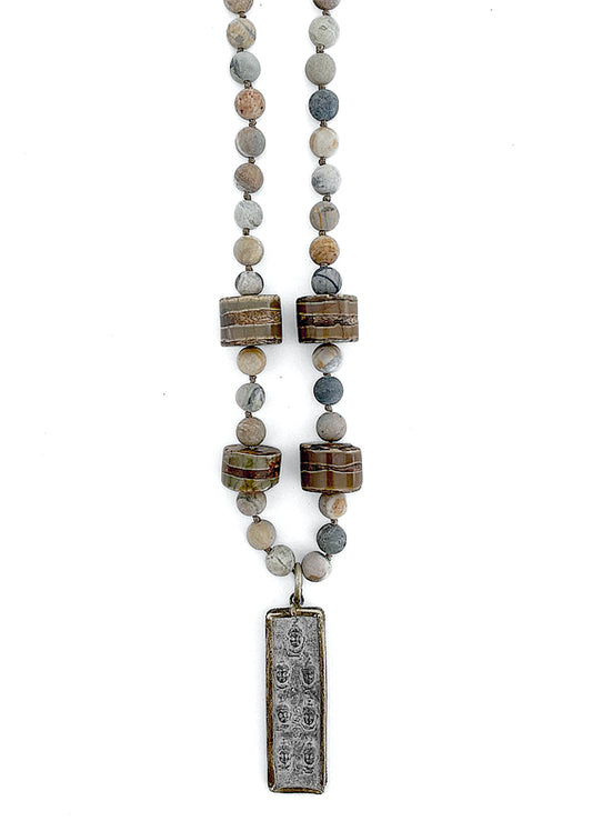 ICON Design Living Kette Tibet Buddha-Amulett 70 cm Lang Picasso Jaspis Grau 8 mm Perlen Unisex
