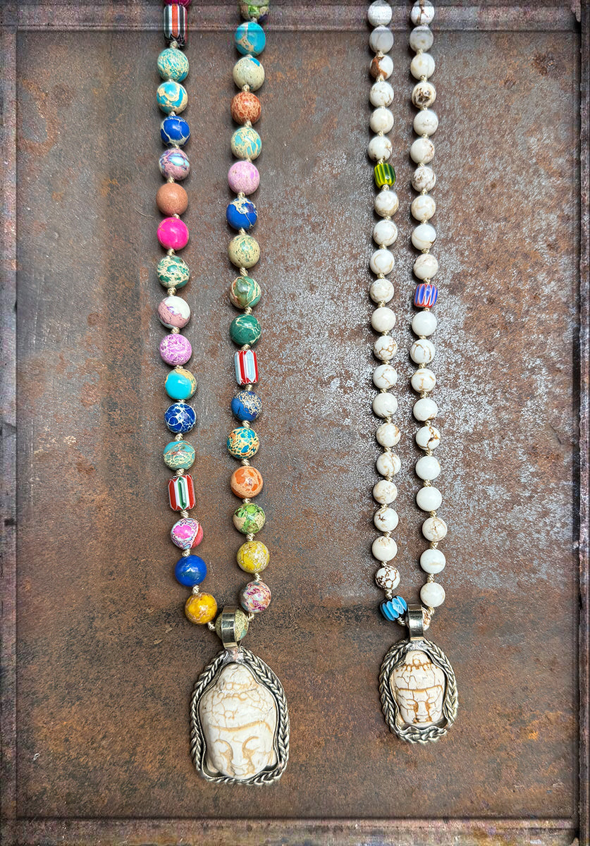 ICON Design Living Ketten Buddha-Herz-Amulett Goa Jaspis Multicolor 90 cm Lang Geknotet