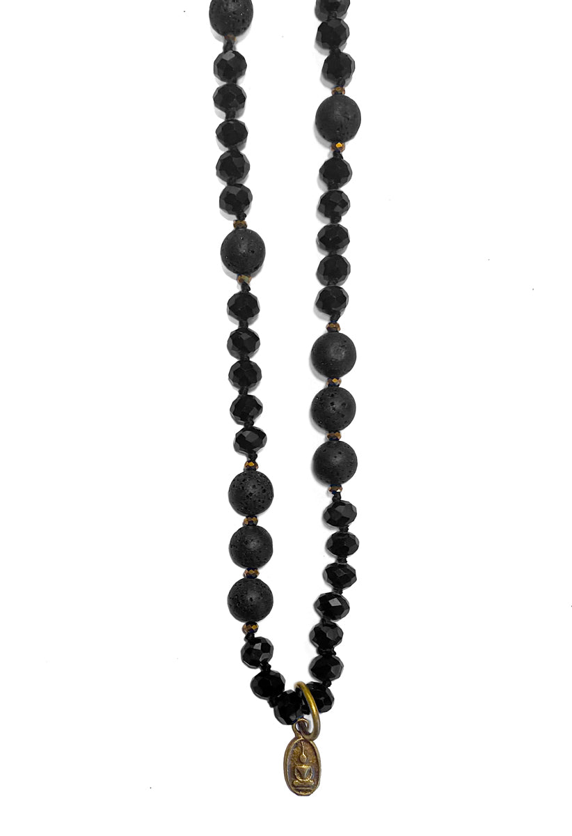 ICON Design Living Kette Buddha Vergoldet Kristallperlen Schwarz Facettiert Lavasteine 90 cm Lang