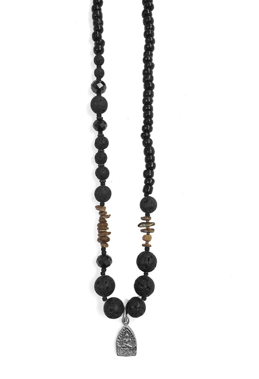 ICON Design Living Kette Buddha Versilbert Lavasteine Muschelscheiben Holzperlen Schwarz 90 cm Lang