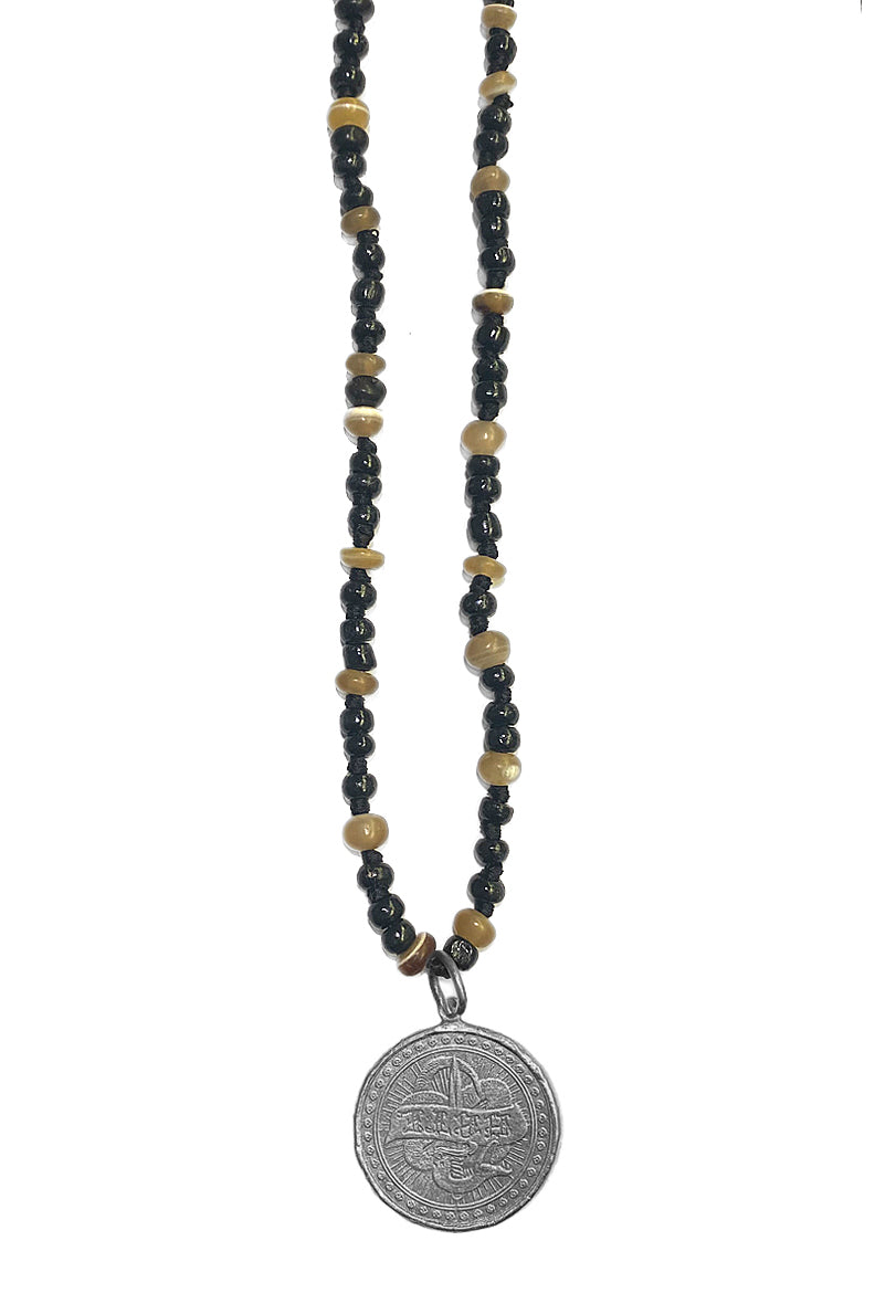 ICON Design Living Kette Münze Silberfarben Love And Hate Horn-Perlen 90 cm Lang Geknotet