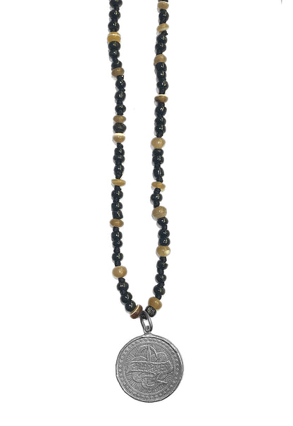 ICON Design Living Kette Münze Silberfarben Love And Hate Horn-Perlen 90 cm Lang Geknotet