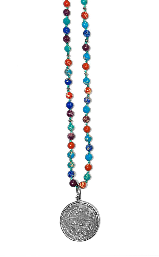 ICON Design Living Kette Münze Versilbert Love And Hate Jaspis Mix blau Türkis Rot 90 cm Lang Geknotet
