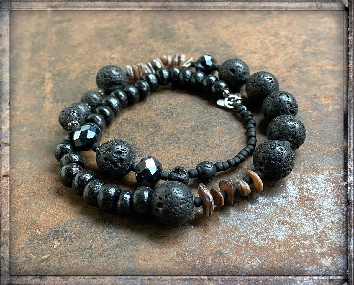 Icon Design Living Kette 2-reihiges Wickelarmband Lava Holzperlen Facettierte Kristallperlen Muschelscheiben