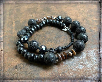 Icon Design Living Kette 2-reihiges Wickelarmband Lava Holzperlen Facettierte Kristallperlen Muschelscheiben