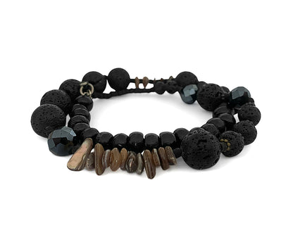 Icon Design Living Kette 2-reihiges Wickelarmband Schwarze Lava Holzperlen Facettierte Kristallperlen Muschelscheiben