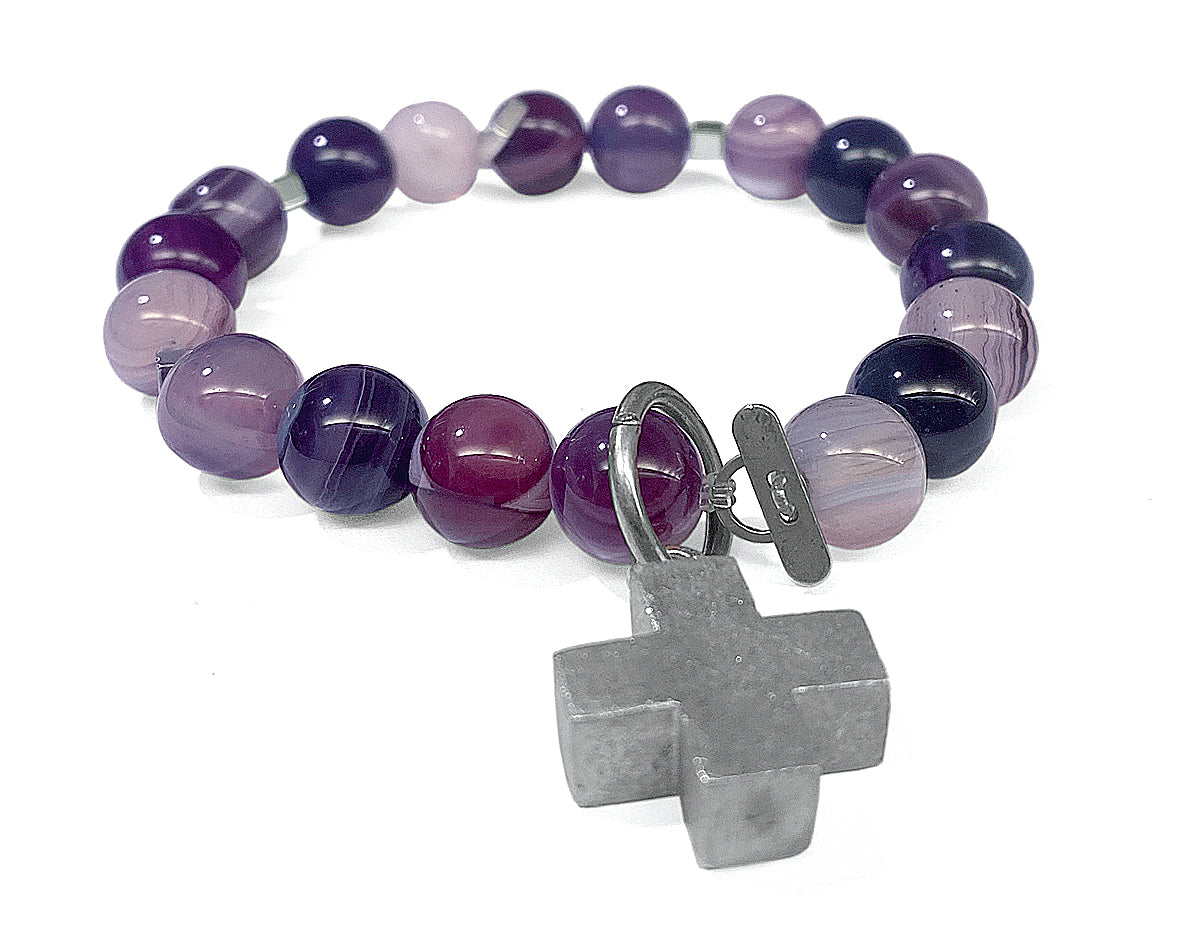 ICON Design Living Steinarmband Kreuz Silber Matt Achat Lila 10 mm Dehnbar