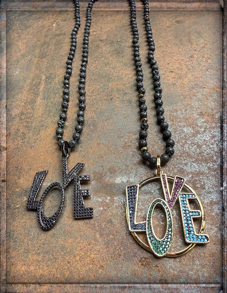 ICON Design Living Lavakette Love-Anhänger Pavé Zirkonia Steine Schwarz Multicolor 90 cm Lang
