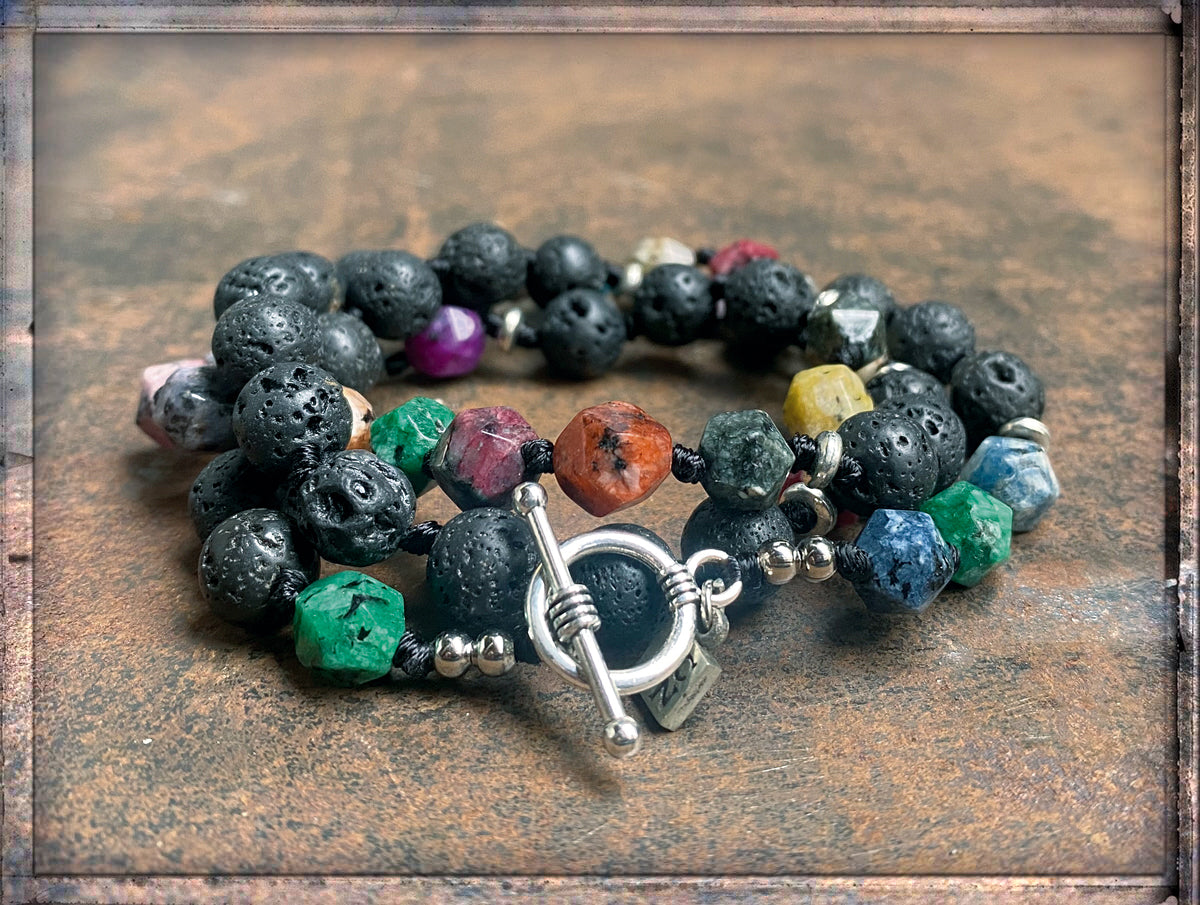 ICON Design Living Wickelarmband Dreireihig Lavasteine Natursteine Multicolor Bunt Facettiert